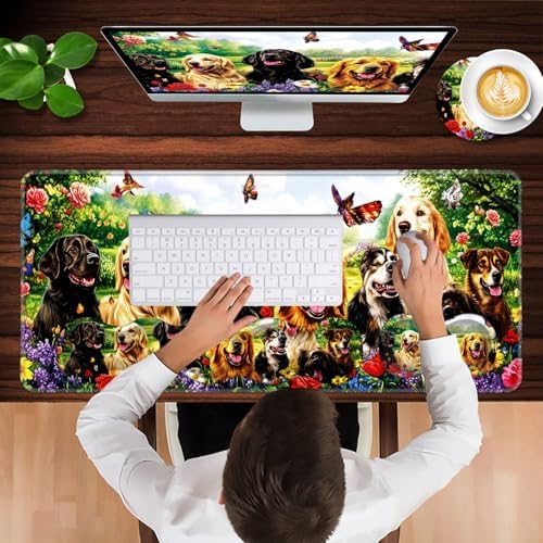 Keyboard Wrist Rest and Mouse Pad with Wrist Support Set Ergonomic Coaster,Memory Foam,Easy Typing Pain Relief,Large XL Desk Mat 31.5"x 11.8",Dog with Butterflies and Flowers