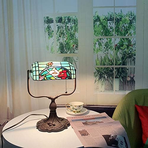 Bieye L10760 Rose Flower Tiffany Style Stained Glass Bankers Desk Lamp Table Lamp for Working Office Living Room Bedside Home Decoration, 9" W x 15" H, Red Green
