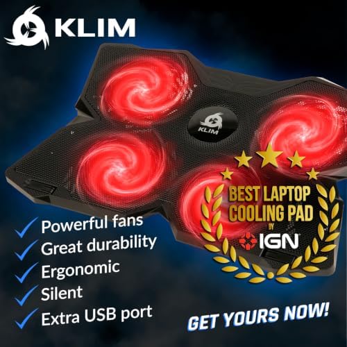 KLIM Wind Laptop Cooling Pad - Support 11 to 17 Inch Laptops, PS4-4 Fans - Light, Quiet, Powerful Cooling - Gamer USB Slim Portable Laptop Stand - NEW 2021 Version - Black