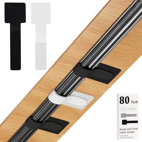 80PCS Hook and Loop Cable Straps, Cable Management Under Desk, Adhesive Cable Tie, Reusable Wire Organizer for Cords, Cord Management, Computer Accessories for Desk, Home Office Essentials,Black+White