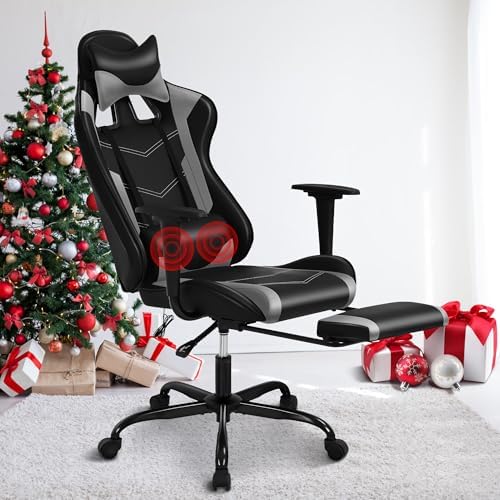 Grey Massage Gaming Chair with Footrest, PU Leather Gaming Chairs for Adults, High Back Office Chair Ergonomic Desk Chair Computer Chair, Reclining Gamer Chair, Height & Backrest Adjustable, 300 Lbs