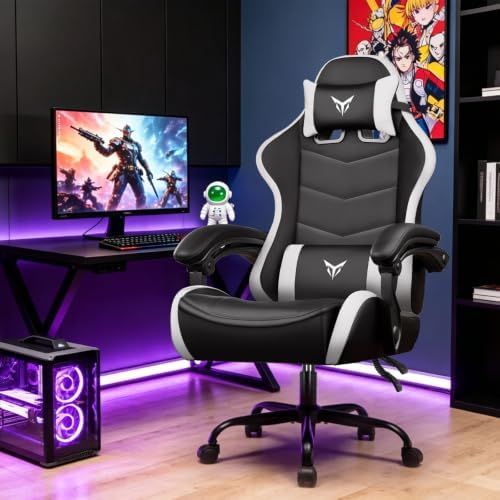 GTPLAYER Gaming Chair for Adults, Big and Tall 300LBS Heavy Duty Office Chair, Ergonomic High Back Lumbar Support and Wide Comfy Cushion with Linkage Armrests for Home Office, White