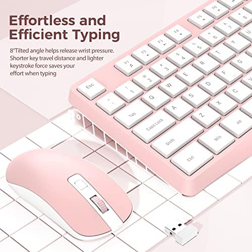 Wireless Keyboard and Mouse Combo, Lovaky 2.4G Full-Sized Ergonomic Keyboard Mouse, 3 DPI Adjustable Cordless USB Keyboard and Mouse, Quiet Click for Computer/Laptop/Windows/Mac (1 Pack, Pink)