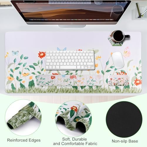 Petmolico 4-in-1 Wrist Rest Set with Desk Pad, Silver Wild Flowers