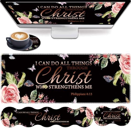4 in 1 Mouse Pad Combo, Large Gaming Mouse Pad + Keyboard Wrist Support + Mouse Wrist Rest + Coaster, Table Pad with Stitched Edge Ergonomic Wrist Pad Set, Philippians 4-13 Flowers