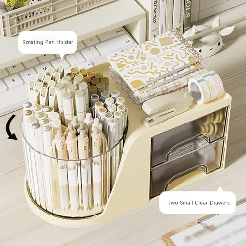 Desk Organizer with Rotating Pencil Pen Holder and 2 Small Drawers, Desk Caddy for Office Workspace Organization and Storage (Beige)
