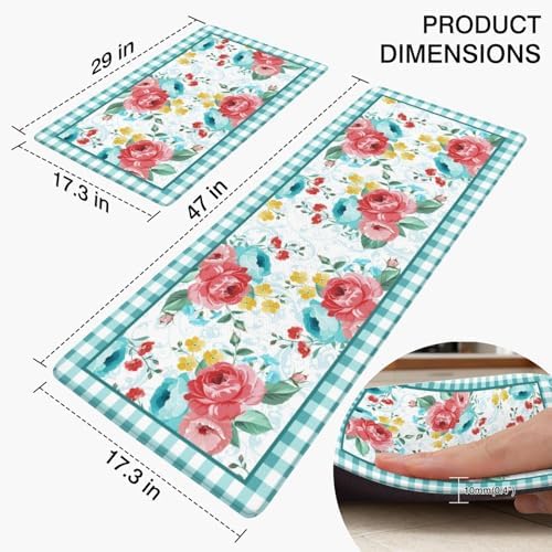 Pastel Floral Anti Fatigue Kitchen Rugs, 17.3"x47"+17.3"x29"