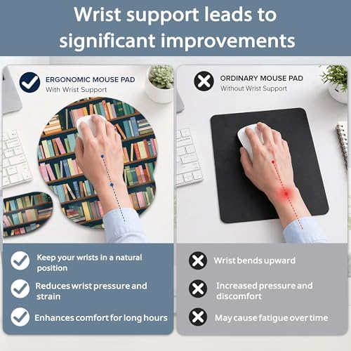Bookshelf Ergonomic Keyboard and Mouse Wrist Rest Set, Library Book Mouse Pad with Non Slip Base, Soft Cloth Surface for Office and Home Typing Support
