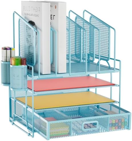 Marbrasse Desk Organizers, 4-Tier Mesh Desk File Organizer with 5 Vertical File Holders and 2 Pen Holders, Multifunction Desktop Organizer,Desk Organizers and Accessories for Home Office (Blue)