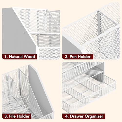 Homsorout Wooden Desk Organizer - Mesh File Organizer with Drawers and Pen Holder - 4-Tier Vertical Paper Letter Storage Tray, Desktop Organizers and Accessories for Home Office （White