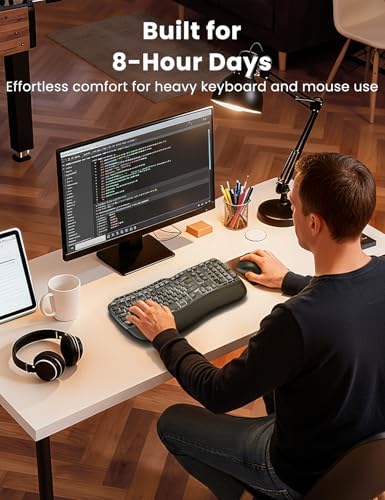 SABLUTE Ergonomic Wireless Keyboard and Mouse Combo, Rechargeable 4000mAh Backlit Keyboard with Soft Faux Lambskin Palm Rest, Wave Keys for Natural Typing, Compatible with Windows/Mac/Chrome OS