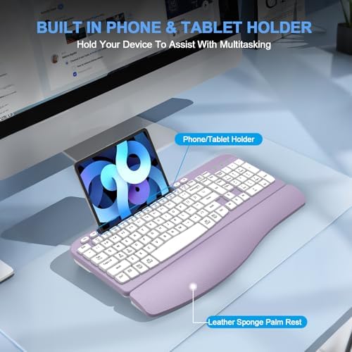 EAYBLLY 2.4G Wireless Ergonomic Keyboard, Full Size Wave Keys with Memory Foam Wrist Rest & 7.28in Phone Holder, USB-C Adapter Included for Windows Mac Chrome OS, Office or Home (Purple)