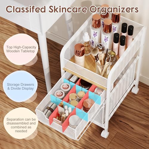 Hongtamoya Rolling Makeup Cart Organizer with 2 Drawers, Under Desk Storage