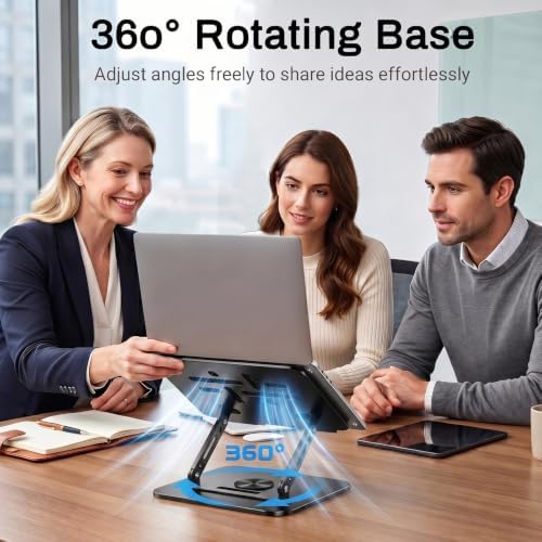 360°Rotating Laptop Stand, Ergonomic Adjustable Foldable Notebook Riser, Metal Computer Holder Compatible with 10-17.3" Laptops, Desktop Printer Stand, for Home & Office (Black)
