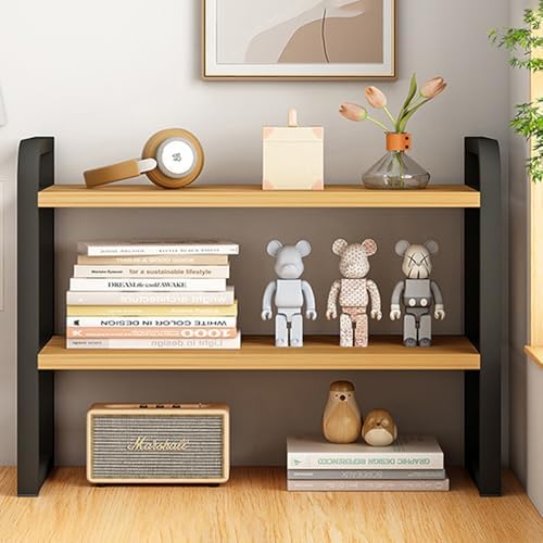 Office Desk Shelf Organizer, Wood Desktop Bookshelf Supplies Storage Rack, Shelf for Top of Desk and Dresser and Cubicle Decor Aesthetic Bookshelf (Black Wood, Two Tier 19.69 Lx7.87 Wx15.16 H)