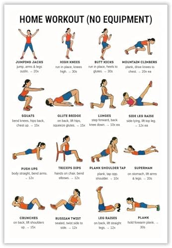 No Equipment Home Workout Poster, 16 Illustrated Full-Body Bodyweight Training Chart with Rep & Timing Guides, Beginner Friendly Full Physique Fitness Reference for Indoor Daily Cardio & Strength Building Routine(24x36inchs，Unframed)