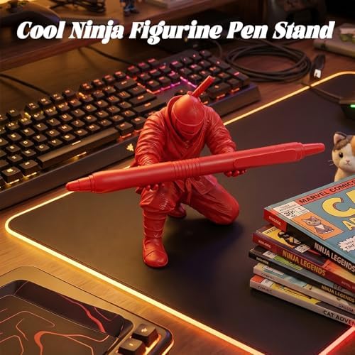 3D Printed Ninja Pen Holder - Cool Ninja Figurine Pen Stand, Decorative Desk Organizer for Office & Home (red)