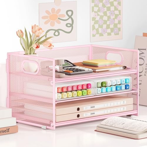 Subekyu 3 Tier Paper Letter Tray Organizer for Desk, Pink Metal Mesh File Folder Sorter Organizer with Handle and 1 PC Sliding Tray for Home Office School Desk Supplies Organization Storage
