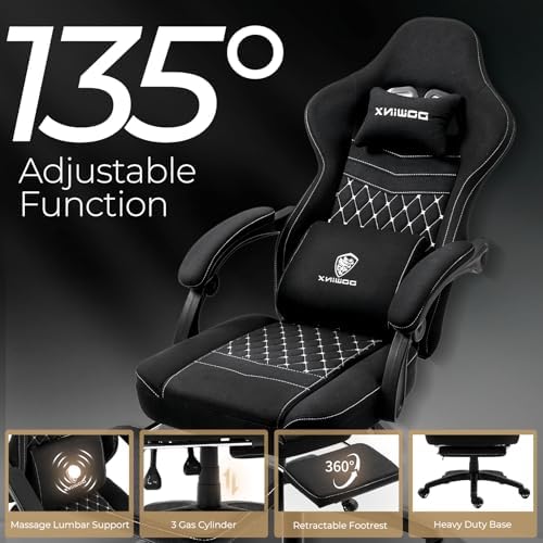Dowinx Ergonomic Gaming Chair - Breathable Fabric with Gel Pad, Pocket Spring Cushion & Retractable Footrest, Comfortable Gamer Chair with Storage Bag,Deep Black