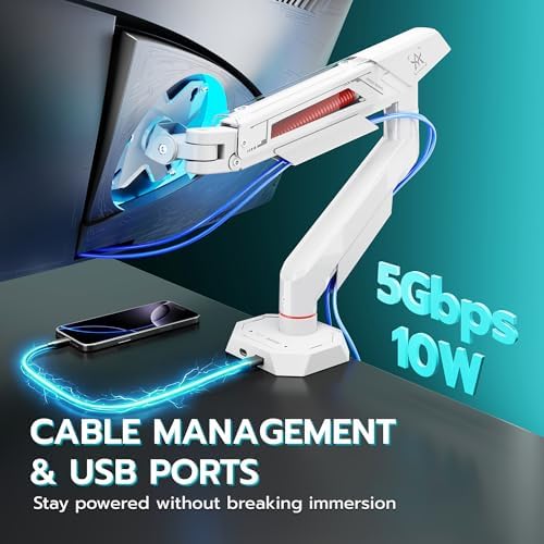 ARES WING 17-40 Inch Heavy Duty Single Monitor Arm with USB, White
