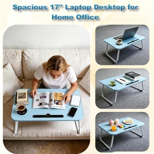 27.6" Home Office Folding Lap Desk with Drawer, Tablet Slot, Cup Holder - Fits up to 18 Inch Laptops, Bed Desk for Reading, Writing, Eating, Portable Laptop Table for Sofa, Coach, Floor (Blue)