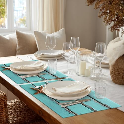 Shrahala Antique Rustic Teal Blue Set of 6 12 X 18 Inch Linen Placemats, Gold and White Starfish in Sand Border On Burlap Table Mat Washable Double Layered Heat Insulation for Indoor/Outdoor