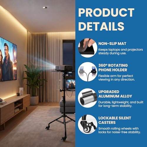 Projector Stand Tripod - 28.7 -54.3 Inch Adjustable Laptop Tripod Stand with Wheels - Dual Tray Portable Laptop Stand with Phone Holder for Office, Home, Stage, DJ Equipment & Outdoor Movies