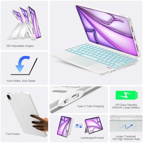 iPad Air 13 inch Case Keyboard (M4/M3/M2, 2026/2025/2024), Keyboard for Pro 12.9 6/5/4/3rd Gen, Magnetic Detachable, Trackpad, 7-Color Backlit, Landscape/Portrait, Adjustable Stand (White)
