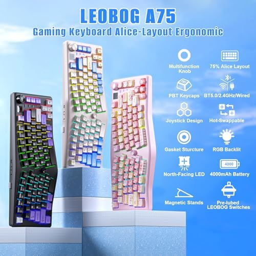 LEOBOG A75 Alice Keyboard, Tri-Mode Ergonomic Gaming Keyboard with RGB Backlit Functional Knob Joystick, 75% Layout Hot-Swap Gasket Custom Keyboards for Win Mac PC Gamer-Black