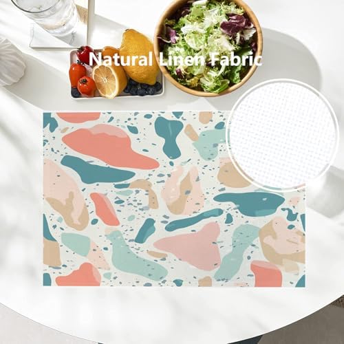 Batmerry Terrazzo Inspired Abstract Linen Placemats Set of 6, Pastel Geometric Shapes Washable Table Mats for Kitchen Table Thickened Heat Insulation Dining Set Indoor Outdoor 12X18 in