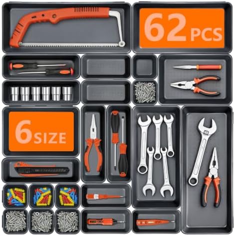 UPGRADED 6 SIZE & 62 PCS Tool Box Organizer Desk Drawer Organizer Tray Set
