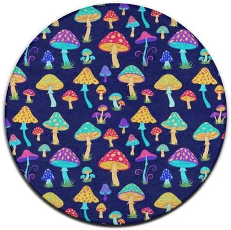 Men's Large Home Decor Mat, Soft Round Yoga Carpet, Non Slip Machine Washable Home Office Circle Rug Trippy Colorful Neon Mushrooms, 24inch