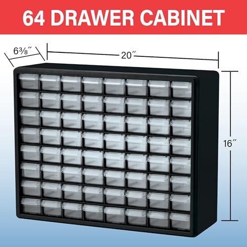 Akro-Mils 64-Drawer Plastic Storage Cabinet, 20" W x 6" D x 16" H, Red