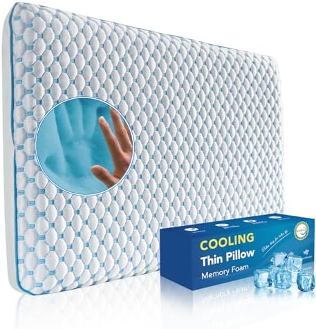 Flat Pillow for Stomach and Back Sleepers, Ultra Thin Pillow for Sleeping, Cooling Gel Slim Stomach Sleeping Pillows for Shoulder Neck Pain Relief, Low Profile Memory Foam Pillows 2.75-inches