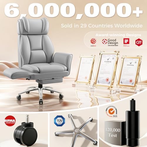 Big and Tall Office Chair, Flip Armrests for Cross Legged Sitting, Ergonomic Leather Executive Desk Chair with Foot Rest, High-Back Reclining Computer Chairs for Office Home Game - Light Gray