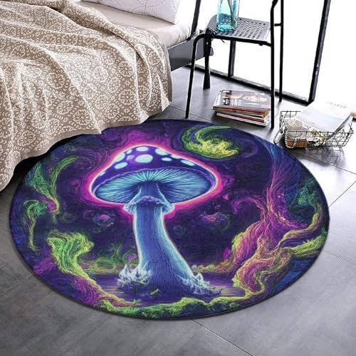Machine Washable Modern Round Area Rug, Room Sofa Yoga Soft Round Carpet, Home Decor Non Slip Kitchen Office Circle Rug Trippy Mushrooms Purple Art, 60inch