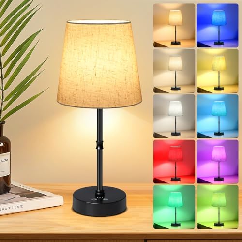 Wowag Cordless Table Lamp,5000mAh Rechargeable Battery Operated Desk Lamp,3 Colors & 7 RGB Stepless Dimmable,Portable Wireless Touch Bedside Night Light for Restaurant,Home,Decor Party,Flaxen Shade
