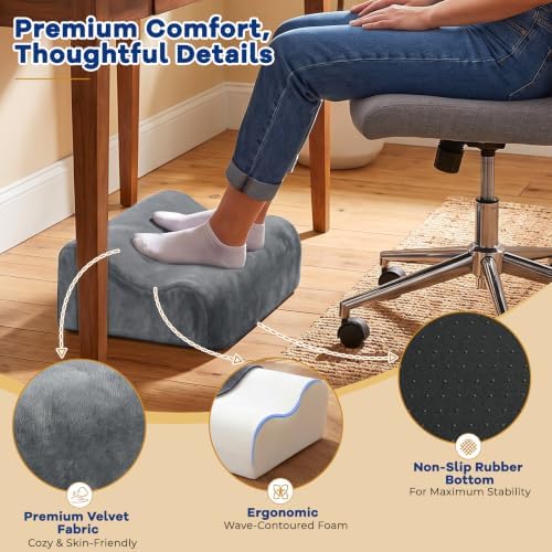 Foot Rest for Under Desk at Work, Ergonomic 2-in-1 Footrest Stool with 3 Adjustable Heights, Wave Contoured Foam Leg & Feet Support Cushion with Washable Velvet Cover for Office Chair, Gaming, Car