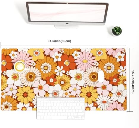 Faux Leather Large Mouse Pad, Office Desk Mat, 31.5"x15.7", Retro Flowers