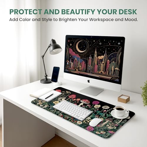 Aesthetic Desk Mat, Cute Woodland Mushroom Desk Pad Protector for Work & Decor, 31.5" x 11.8", Pretty Non-Slip Extended Mouse Pad for Office or Home