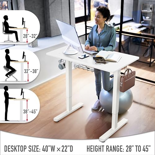 SHW 40 x 22 Inches Electric Height Adjustable Sit to Stand Desk, White
