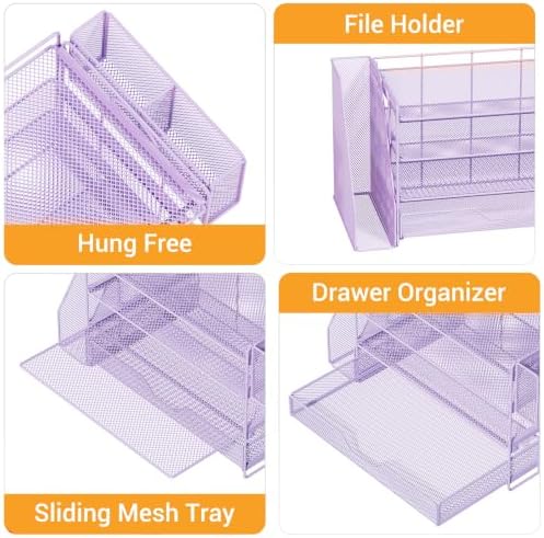 4-Tier Desk File Organizer with Drawer & Pen Holder (Purple)