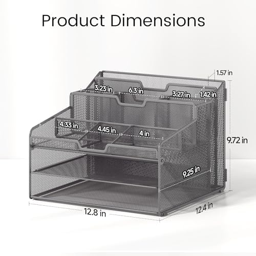 Lavatino Desk Paper File Organizer - Metal Mesh with 2 Letter Trays, 7 Flexible Dividers, 2 Vertical File Folder Holders for Office/Home/Classroom Supplies, Desk Organizers and Accessories, Grey