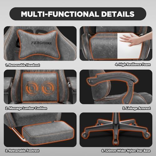 Ferghana Vintage PU Leather Gaming Chair, Ergonomic Reclining Racing Gamer Chair with Massage Lumbar Support, High Back Computer Office Chair with Footrest for Adults, Grey
