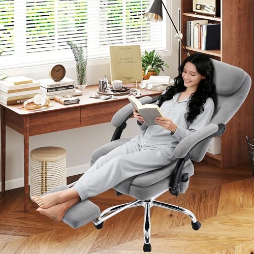 500LBS Massage Office Chair, Reclining 6 Points Vibration and Heat Desk Chair with Foot Rest, Ergonomic Executive Office Chairs, Comfy Wider & Thicker Seat, Big and Tall Gaming Chair, Fabric Grey