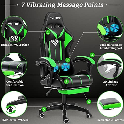 RGB Gaming Chair with LED Lights Massage Ergonomic Computer Chairs-Green