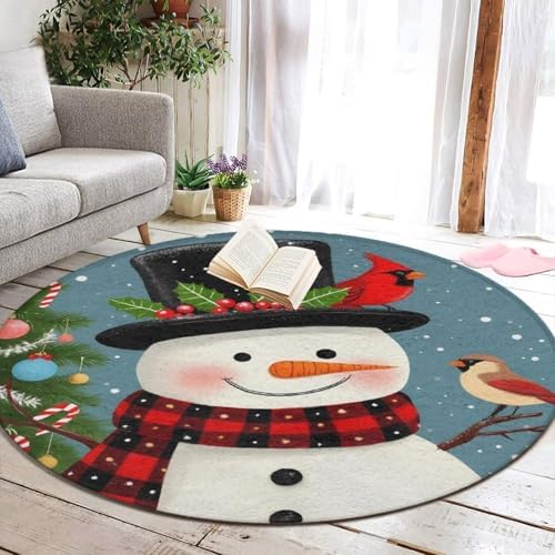 Men's Large Home Decor Mat, Soft Round Yoga Carpet, Non Slip Machine Washable Home Office Circle Rug Christmas Snowman Red Birds