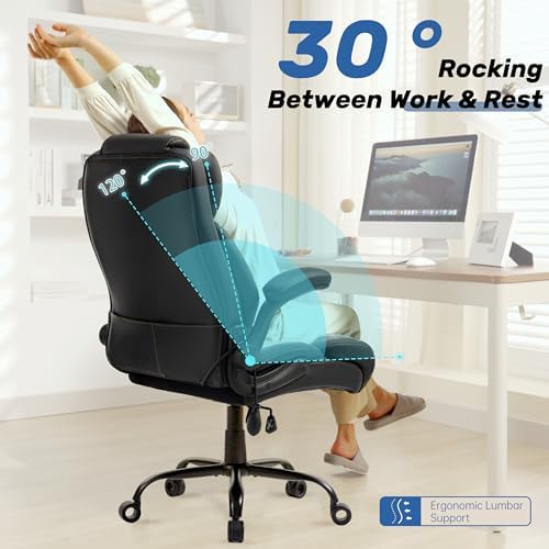 500LBS Big and Tall Executive Office Chair with Adjustable Lumbar Support,Extra Wide Seat for Ergonomic Computer Desk Chair Flip-up Arm,Home Office Chair Spring Cushion Upgraded Metal Base, PU Black