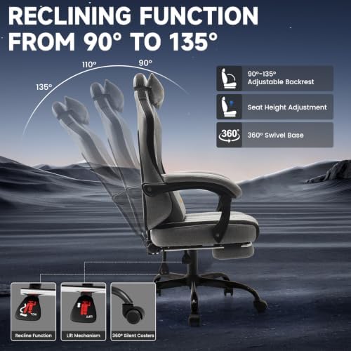 SUKIDA Computer Gaming Chair - Fabric Video Game Chairs with Footrest and Lumbar Support Swivel Comfy Linkage Armrests Gamer Chairs Home Desk Chair for Adults, Grey&Black
