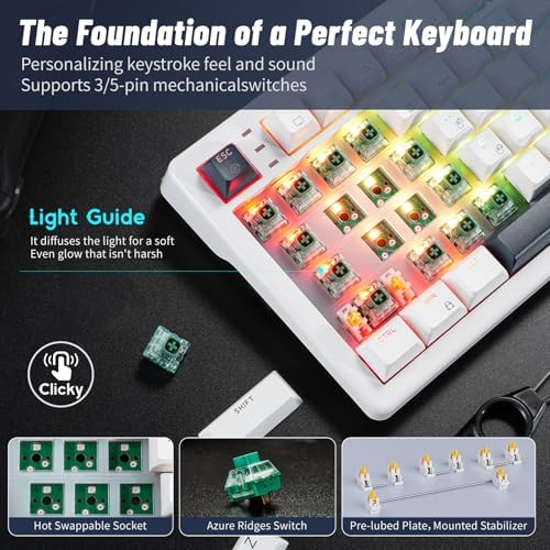 Wireless Mechanical Keyboard with Wrist Rest,Tri-Mode BT5.0/2.4GHz/USB-C Hot Swappable Custom Keyboard,Pre-lubed Clicky Switches,RGB Backlit Computer Gaming Keyboards for PC/Tablet/PS/Xbox(White)